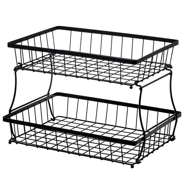 HOSY 2 Tier Steel Basket, Standing Storage Rack Ideas for Fruits, Vegetables, Bread, etc. (14-inch)