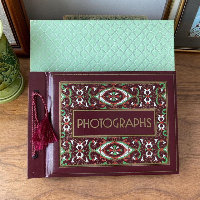 Vintage Maroon Photo Album in Original Box – Unused 1950s-60s Decorative Photograph Book with Tassel – Retro Memory Keeper