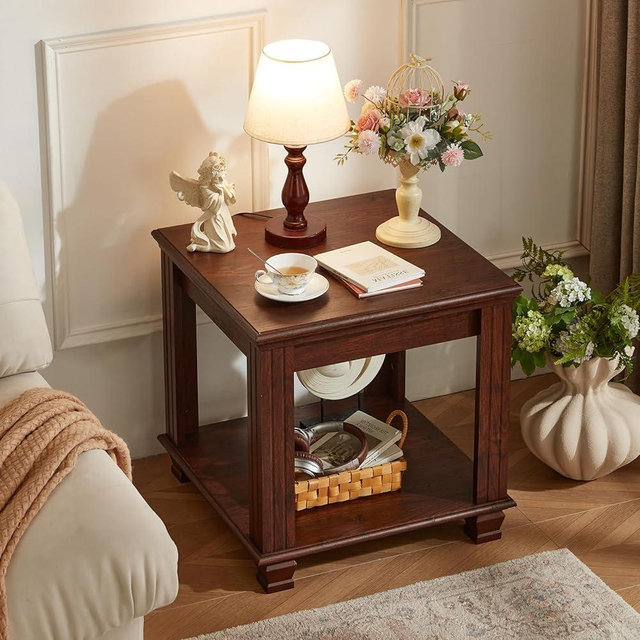 SAVOR LIFE Farmhouse End Table,Large Side Table with 2-Tier Storage Shelf,Rustic Brown End Tables for Living Room,Square Tea Table,Walnut