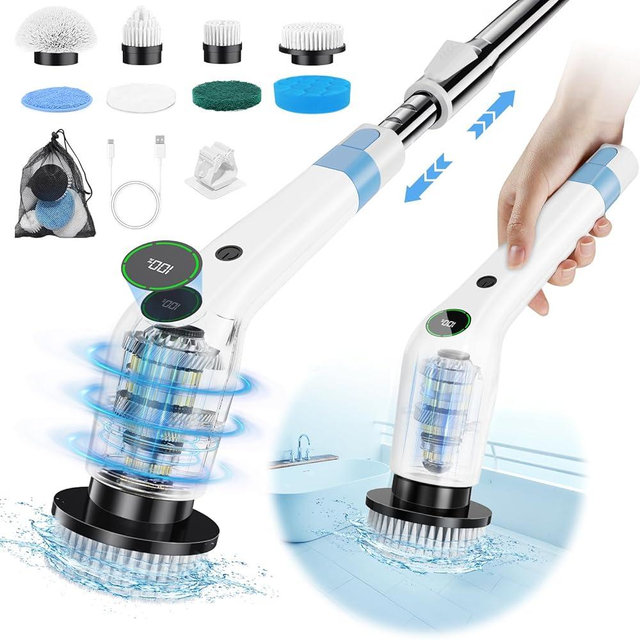Electric Spin Scrubber, Cordless Shower Scrubber with 8 Scrub Brush, 2 Speed with Adjustable Extension Handle, Battery Level Display, Power Scrubber for Bathroom Kitchen Bathtub Tile Floor, White