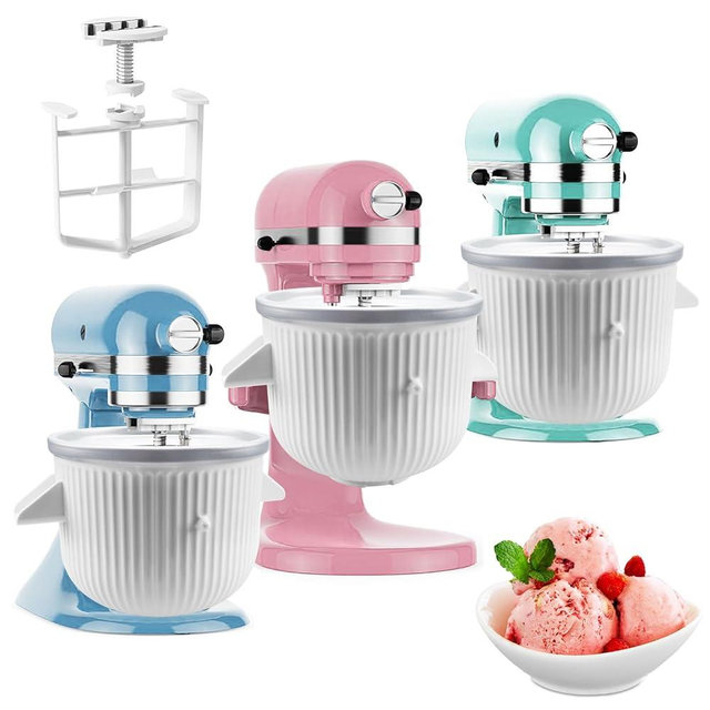 Ice Cream Maker Attachment for KitchenAid Stand Mixer, Ice Cream Bowl Compatible with 4.5Qt and Larger Stand Mixers, Frozen Yogurt Ice Cream & Sorbet Gelato Maker Attachment, 2 Quart, White