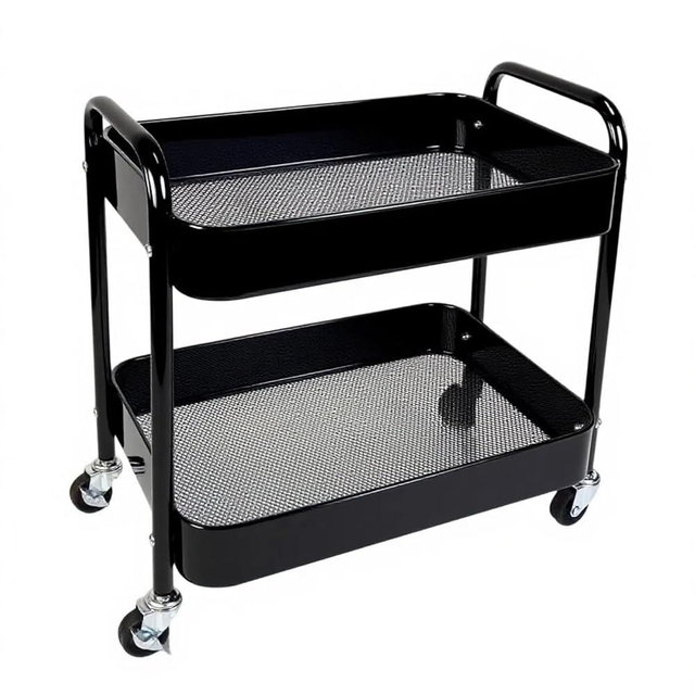 LIWNYRK 2 Tier Rolling Cart with Wheels for Under Desk Storage & Pantry Room, Large Capacity Laundry Room & Makeup Organizer, Sturdy Kitchen Utility Cart for Small Space with 4 Hooks, Black
