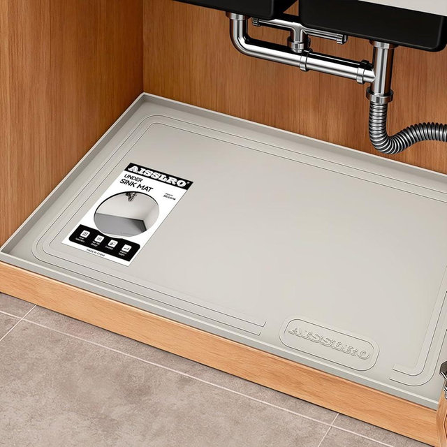 Aisslro Under Sink Mat 22" X 19", Waterproof Silicone Under Sink Mats for Kitchen, Anti-Leak Shelf Liner & Cabinet Protector with Raised Edge, [BPA Free] Bathroom Tray Home Organizer, Beige