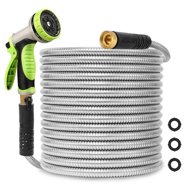 Svansea Metal Garden Hose 75ft Stainless Steel Hose Heavy Duty Flexible Water Hose with 10 Way Spray Nozzle 3/4 Solid Brass Fittings-Outdoor Yard Lightweight No Kink Leak Resistant Water Pipe