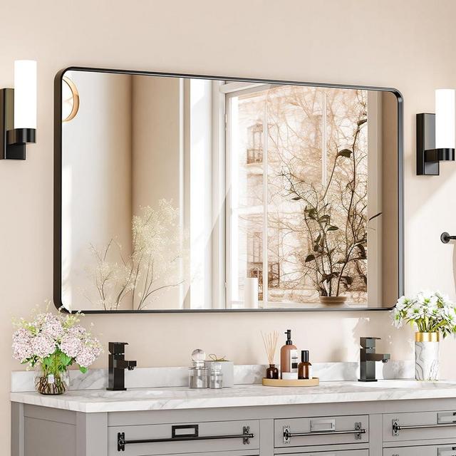 Bumng Bathroom Mirror 40x30 inch, Black Metal Deep Frame Wall Mirror, Modern Round Corner Rectangular Bathroom Vanity Mirror, Suitable for Bathroom, Bedroom, Living Room (Horizontal/Vertical)