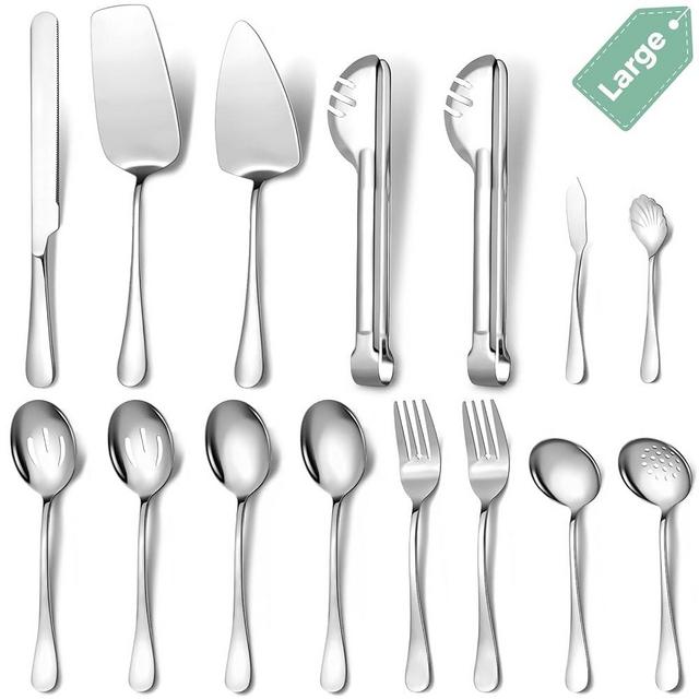 Large Stainless Steel Serving Utensils Set 15 Pcs with 10" Serving Spoon,10" Slotted Spoons,10" Serving Forks,9.5" Serving Tongs,Soup Ladle,Pie Server,Cake/Butter Knife for Buffet/Parties