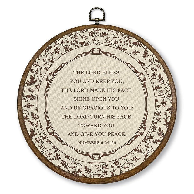 Qskjre Vintage Christian Flower Wall Art Decor, Retro Bible Verse Numbers 6:24-26 Round Wood Framed Canvas Wall Artwork, Religious Hanging Prints for Church Prayer Room Gallery Decorations, 10x10inch
