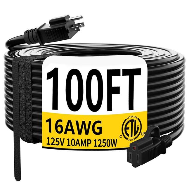 HUANCHAIN Black Outdoor Extension Cord 100 FT Waterproof, Flexible 16/3 Gauge Heavy Duty Power Cord Extension 3 Prong 10A 1250W SJTW ETL Listed