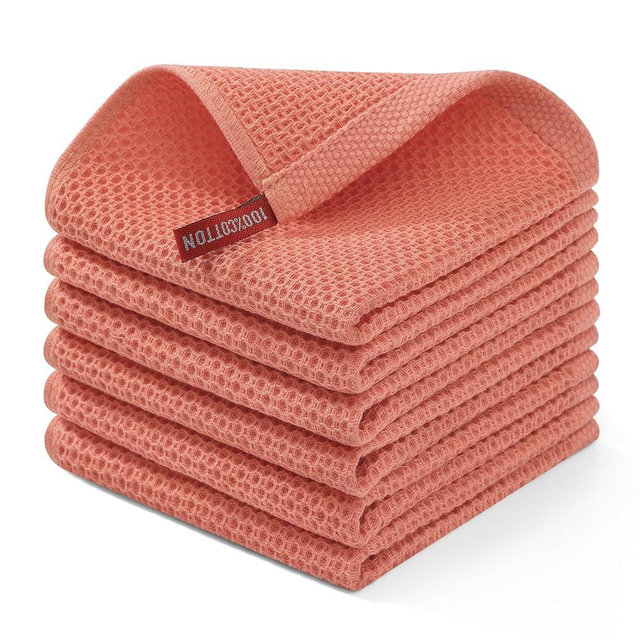Homaxy 100% Cotton Waffle Weave Kitchen Dish Cloths, Ultra Soft Absorbent Quick Drying Dish Towels, 12 x 12 Inches, 6-Pack, Coral
