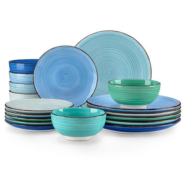 vancasso Bonita Dinnerware Set Blue Stoneware 18 Pieces Service for 4, Handpainted Spirals Pattern Stoneware Plates and Bowls Set