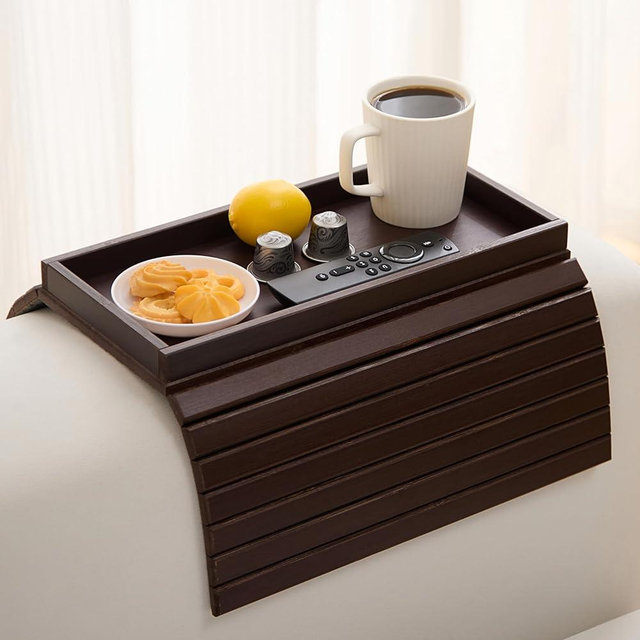 Bamboo Couch Arm Tray Table，Foldable Sofa Armrest Tray Table for Couch，Flexible and Anti-Slip Couch Arm Cup Holder，Portable Sofa Arm Chair Table for Drink,Cups, Eats，Snacks, Phone, Remote