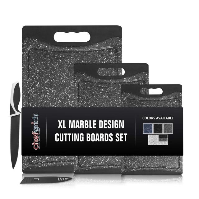 CHEF GRIDS Durable Plastic XL Marble Cutting Board, Chopping Board Thick Plastic, for Vegetable Meat or Cheese Wih Non-Slip Grip, Handles Juice Groove | Dishwasher Safe (3-pc Set, Charcoal)