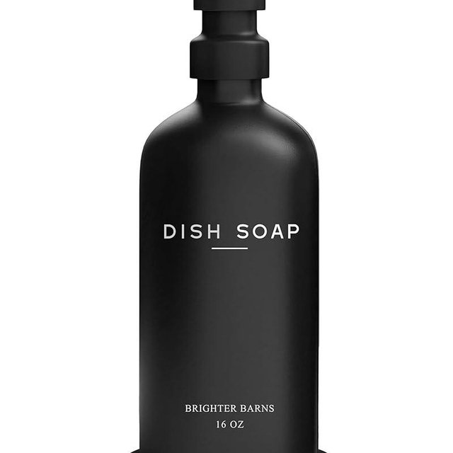 Black Glass Dish Soap Dispenser for Kitchen Sink by Brighter Barns - Modern Kitchen Soap Dispenser Set with Tray and Stainless Steel Pump - Modern Decor for Vacation Rental, Restaurants, Gifts (Black)