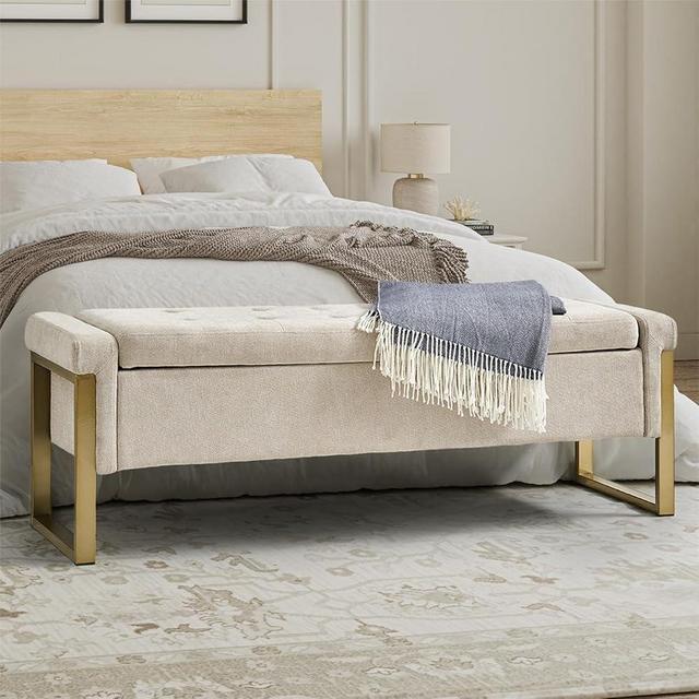 EcoHarbor Modern Storage Ottoman Bedroom Bench, End of Bed Bench with Gold Metal Legs, Upholstered Footrest Stool for Living, Dining Room, Entryway and Hallway(Beige 55inch)