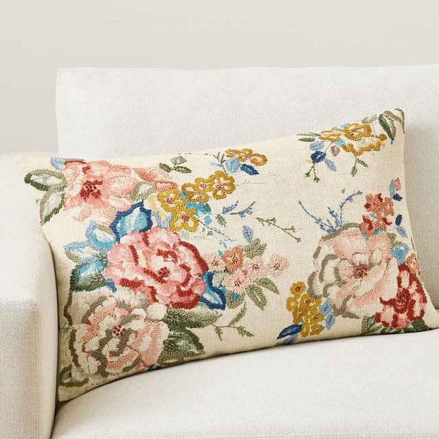 Carina Floral Embroidered Lumbar Pillow Cover, Multi, 16" x 26"