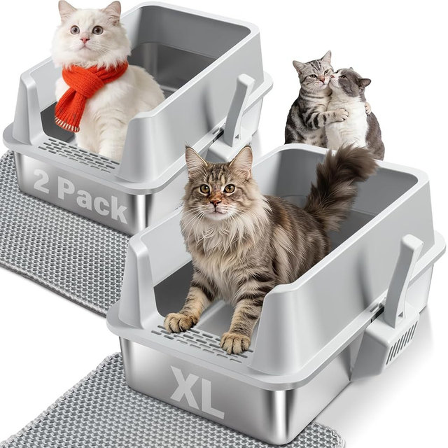 2PACK Stainless Steel Cat Litter Box with High Sides Lid, Extra Large Litter Boxes for Big Cats, XL Metal Kitty Litter Box, Anti-Urine Leakage, Non-Sticky, Easy Cleaning, Include Mat & Scoop