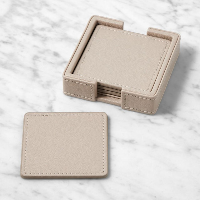Faux Shagreen Coasters with Holder, Putty, Set of 4