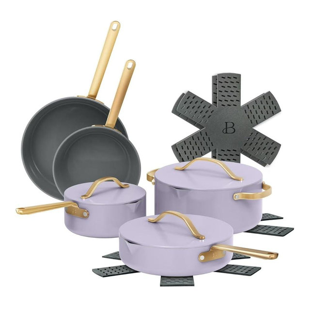 Pans 12pc Ceramic Non-Stick Cookware Set by Drew Barrymore, Pots & Pans with Lids, Dishwasher‑Safe,Soft‑Touch Handles, Even‑Heat Base. (Lavender)