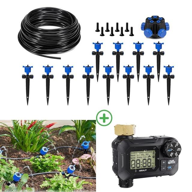 HIRALIY 50FT Garden Watering System with 12Pcs Pressure Compensation Dripper, Water Timer for Garden Hose, Programmable Sprinkler Timer Outdoor, IP65 Waterproof