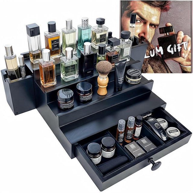 SeLuM Wooden Cologne Organizer For Men 4 Tier Black | High Grade Velvet Lining and Stylish Gift Box | Side Compartment | Space Aid Cologne Holder | Perfume Display Stand | Dresser Countertop Decor