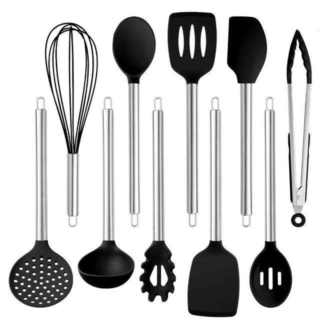 COOK WITH COLOR Silicone Cooking Utensils, Kitchen Utensil Set, Easy to Clean Silicone Kitchen Utensils, Cooking Utensils for Nonstick Cookware, Kitchen Gadgets Set, 10 Pieces, Black