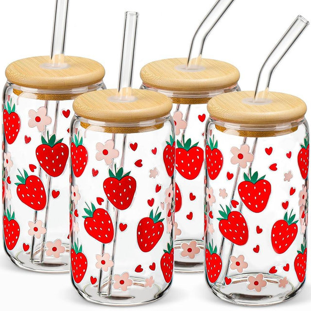 Glass Cups with Lids and Straws with Design Strawberry 4pcs,Clear Glass Cups 16oz-DWTS Drinking Glasses Set,Glass Tumbler,Cute Design Glass Iced Coffee Cups with Lids and Straws