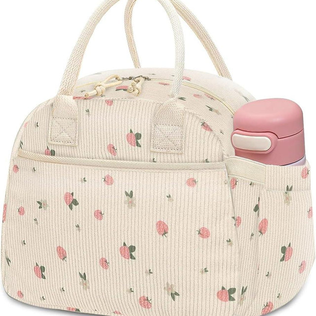 Carry bloom Lunch Box for Women, Insulated Lunch Bag Cute Corduroy Lunchbag Reusable Lunchbox for Work (2 strawberry)