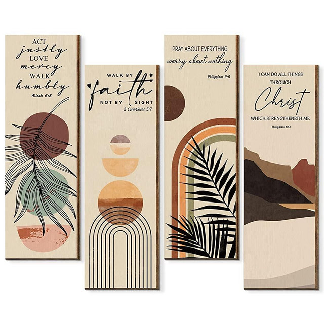 Queekay 4 Pieces Bible Verses Wall Art Boho Wall Decor Wooden Hanging Sign Inspirational Prayer Modern Decor Plaques Boho Wall Painting Abstract Motivational Sign for Home Kitchen Farmhouse