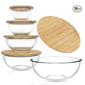 Stackable Space-Saving Set of 5 Nesting Glass Bowls with Bamboo Lids for Foodprep, Storage, Baking, Mixing & Cooking, Microwave & Oven Safe BPA Free Heat Resistant Inert Borosilicate Glass