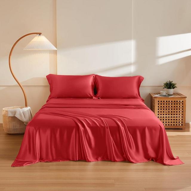 THXSILK Silk Sheet Set 4Pcs, 6A+ Top Grade 100% Natural Mulberry Silk Bed Sheets, Luxury Bedding Sets Ultra Soft Durable, 1 Fitted Sheet, 1 Flat Sheet and 2 Pillow Shams (Cal. King, Red)