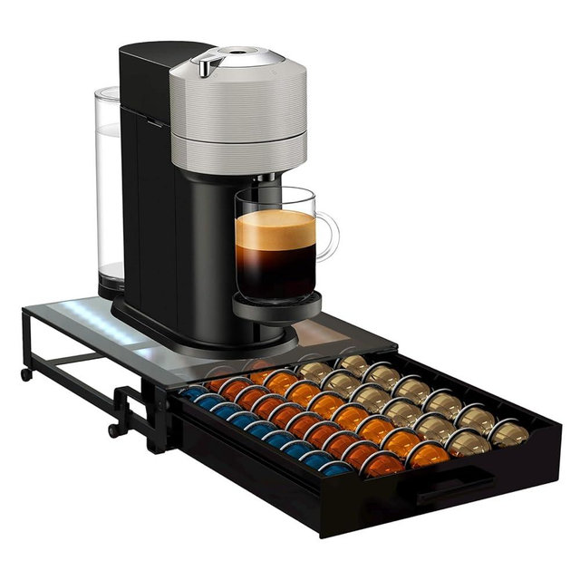 Coffee Pod Rolling Drawer Organizer with Crystal Clear Tempered Glass Topboard, Compatible for 75 Small or 50 Big Nespresso Vertuo Pods
