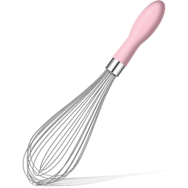 Rainspire 12-Inch Wire Whisk Stainless Steel, Balloon Whisks for Cooking, Wisk Wisking Tool With Soft Silicone Handle, Thick Durable Whisker for Blending, Beating, Whisking, Stirring, Pink