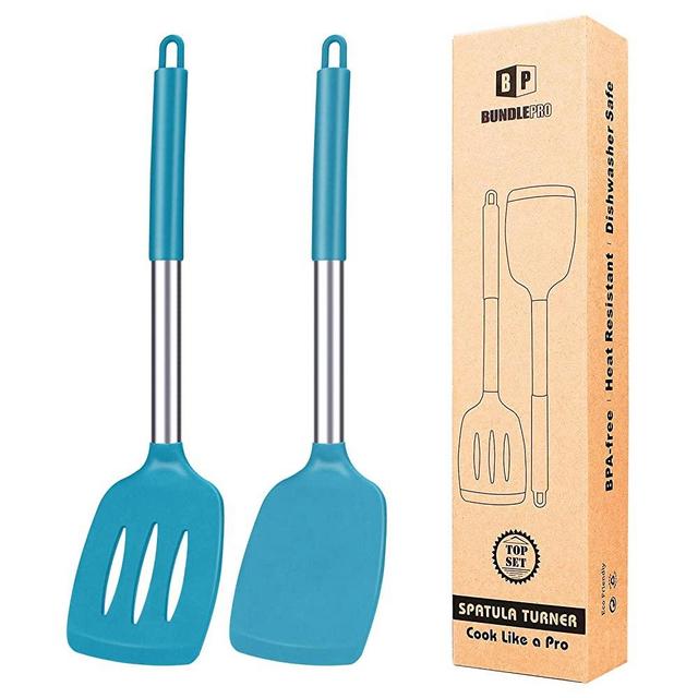 Pack of 2 Silicone Solid Turner,Non Stick Slotted Kitchen Spatulas,High Heat Resistant BPA Free Cooking Utensils,Ideal Cookware for Fish,Eggs,Pancakes (Blue)