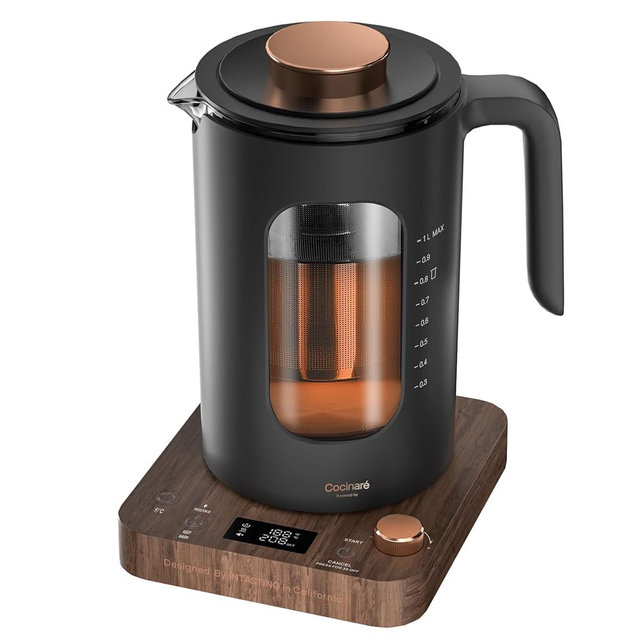 INTASTING Electric Tea Kettle, Electric Kettle with Tea Infuser, ±1℉ Knob Temperature Control, BPA-Free Glass, 1200W Fast Heating, Easy to Clean, 1 Liter (Wood)