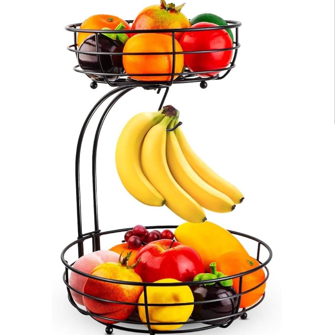 Auledio Iron 2-Tier Countertop Fruit Vegetables Basket Bowl Storage With Banana Hanger, Black, 64 ounces