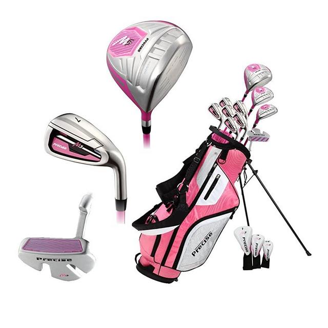 Precise M5 Ladies Womens Complete Right Handed Golf Clubs Set Includes Titanium Driver, S.S. Fairway, S.S. Hybrid, S.S. 5-PW Irons, Putter, Stand Bag, 3 H/C's Pink