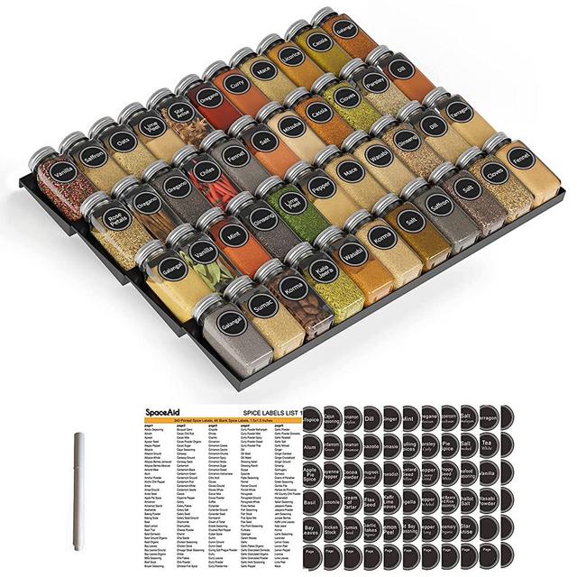 SpaceAid Spice Drawer Organizer with 44 Spice Jars, 386 Spice Labels and Chalk Marker, 4 Tier Seasoning Rack Tray Insert for Kitchen Drawers, 20.25" Wide x 17.5" Deep
