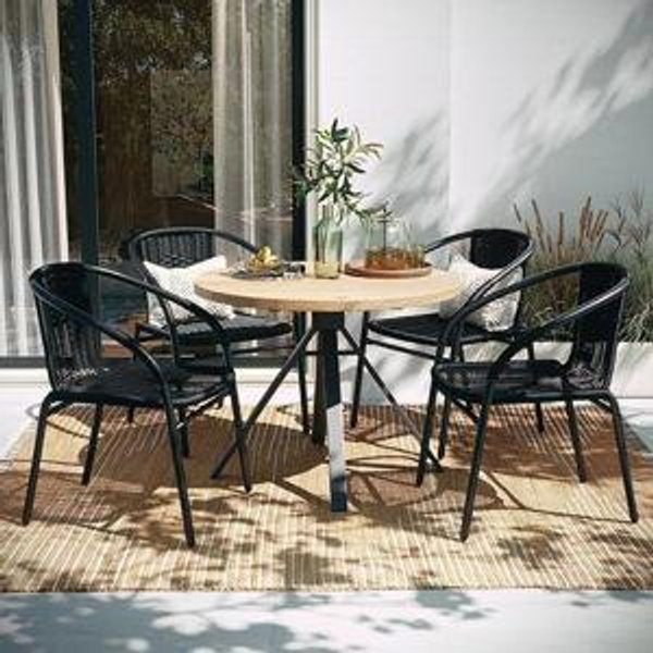 Black EMMA + OLIVER Set of 4 Modern Rattan Indoor/Outdoor Stack Chairs, Stacking Rattan Patio Chairs with Curved Back and Cross Bracing, Black