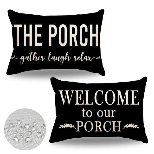 JOJOGOGO Welcome to Our Porch Pillows Black Farmhouse Outdoor Lumbar Pillow Covers 12x20 Waterproof Set of 2 Front & Back Porch Decor Rustic Throw Pillows for Garden Deck Patio Furniture (No Inserts)