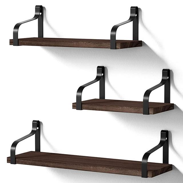 Love-KANKEI Floating Wall Storage Shelves Mounted Set of 3, Solid Wood for Study Room, Living Room, Bathroom, Kitchen, Office and More Dark Walnut