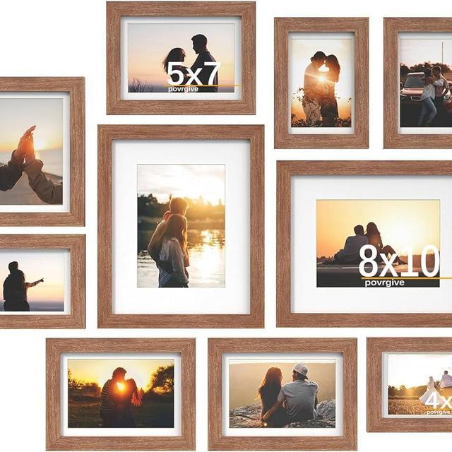 Povrgive Picture Frame Set 10 Pack, Picture Frames Collage Wall Decor with Mat for Multiple Sizes Photos, Two 8x10, Four 5x7, Four 4x6, Photo Frames for Wall and Tabletop, Rusic Brown