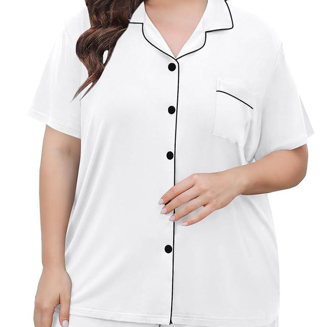SWOMOG Women's Plus Size Pajamas Set Button Down Tops Short Sleeve Sleepwear Soft Pajama Shorts 2 Pcs Lounge Sets With Pocket
