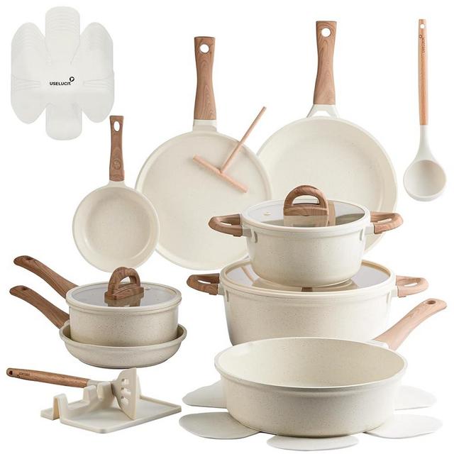 22 Pcs Pots and Pans Set Non Stick Non-Toxic Ceramic Kitchen Cookware Sets Nonstick Pot&Pan With Lid Cream White Granite Induction Compatible with Glass Lids Crepe Frying Pan FOA/PFOS-Free