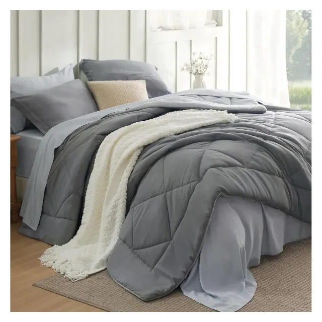 Bed in a Bag Contrast Color Solid 7pcs King Size Grey - Bedsure