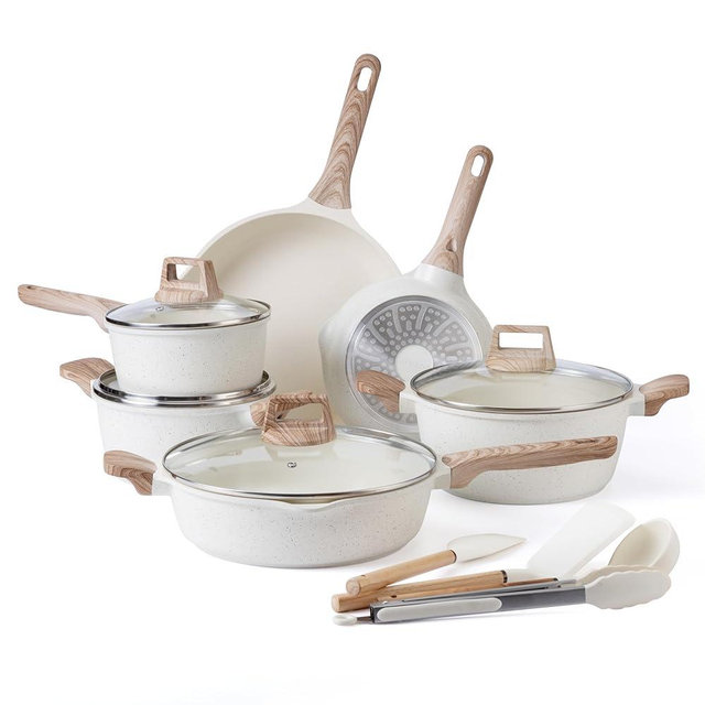 Country Kitchen Pots and Pans Set Nonstick, Cast Aluminum Kitchen Cookware Set with Utensils, 14 Pcs Non Stick Cooking Set w/Frying Pans & Saucepans