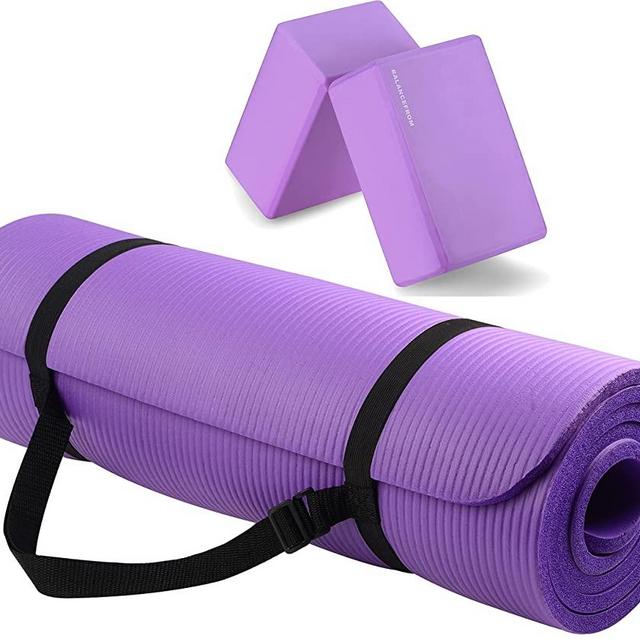 BalanceFrom All Purpose 1/2-Inch Extra Thick High Density Anti-Tear Exercise Yoga Mat with Carrying Strap and Yoga Blocks