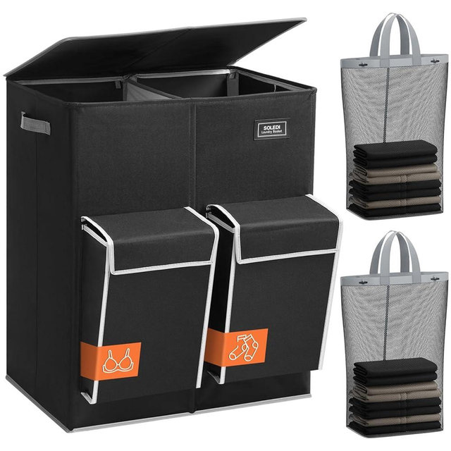 SOLEDI Double Laundry Hamper with Lid, 47.8 Gal (180L) Large Laundr Basket 2 Section with 2 Side Pockets, Dirty Clothes Hamper with Removable Bag, Easy to Carry for Laundry Room, Bedroom, Black
