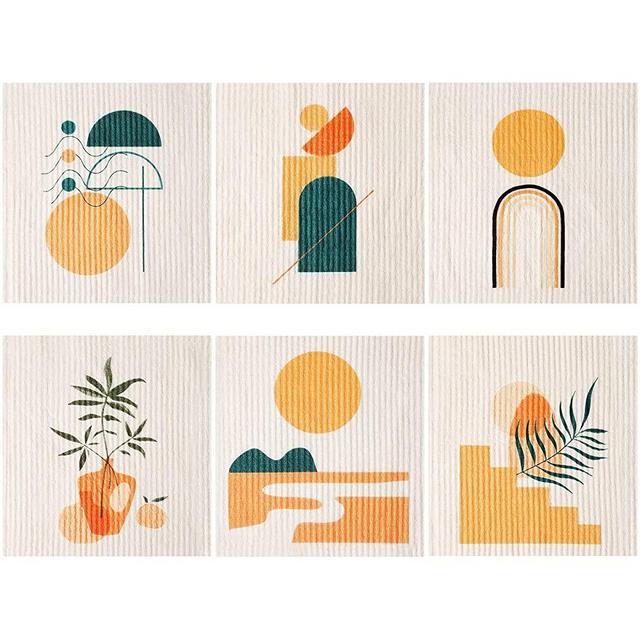 Set of 6 Abstract Line Swedish Dishcloths Washable Kitchen Towels Absorbent and Quick Drying Cleaning Cloths Kitchen, Hand, Counter Wipes