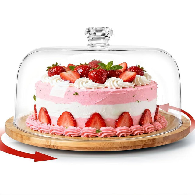 Masthome Bamboo Christmas Cake Stand with Lid, Rotating Cake Holder with Dome, Dessert Table Display Set with Clear Cover, BPA Free Cake Plate with Cover for Birthday/Kitchen/Party/Charcuterie