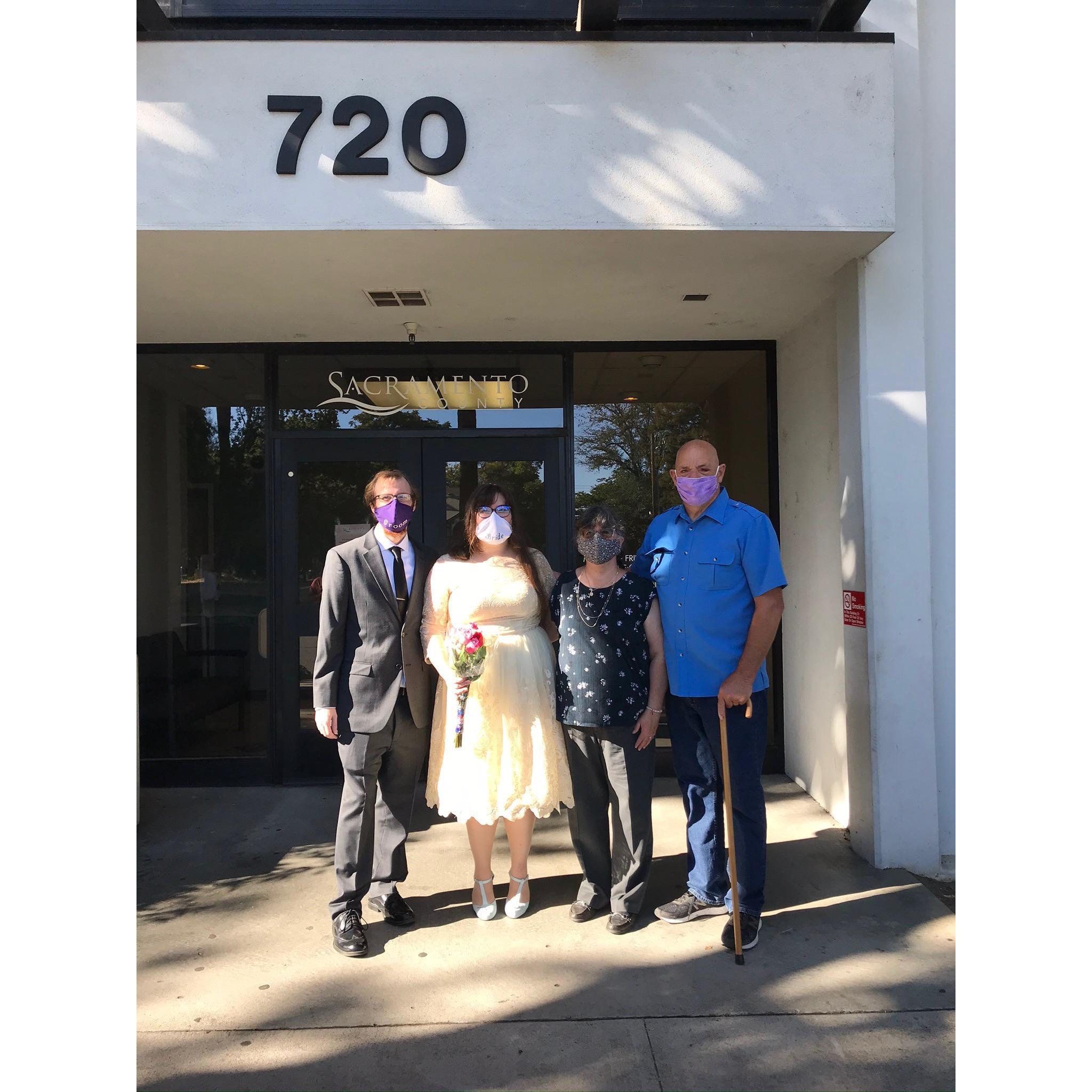 Groom, Bride, and Bride's parents, Paul and Laura Copsey